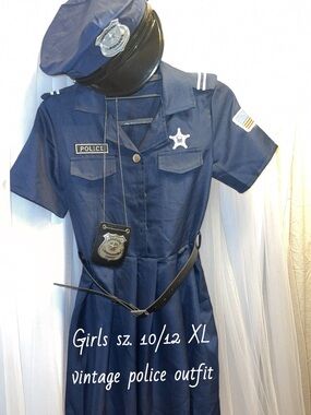 Girls sz. 10/12 Police Navy Blue Costume Top with Badge and Hat Accessory